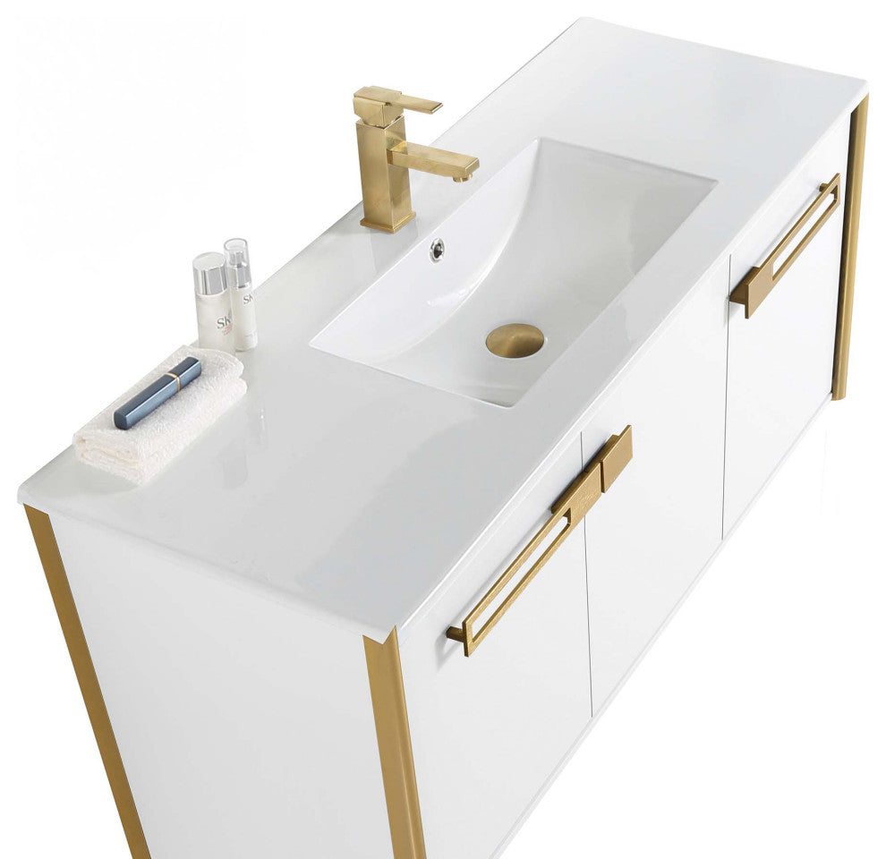 Oakville Wall Mount Bathroom Vanity, White Matte, 48", Satin Brass Hardware
