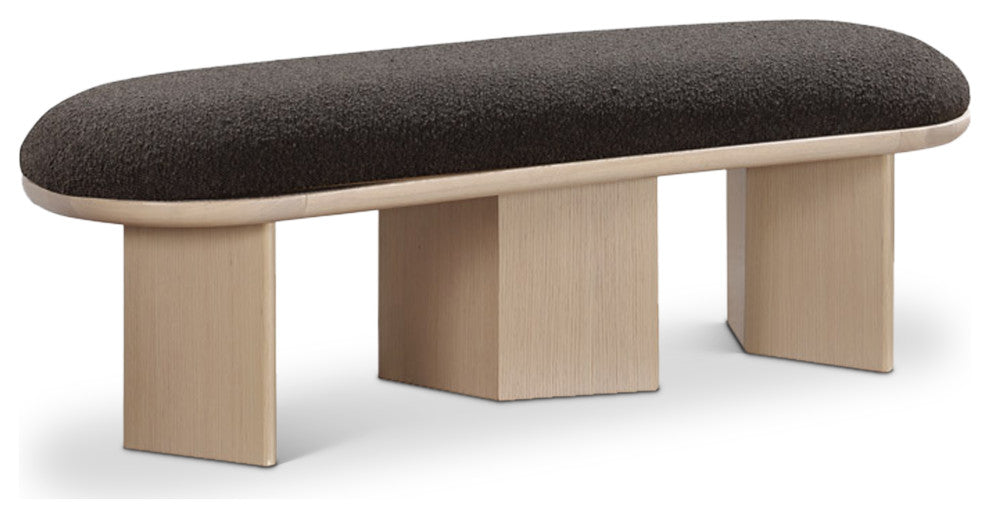 Wilshire Boucle Fabric Upholstered Bench, Brown, Natural Oak Finish