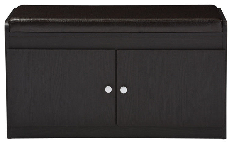 Margaret 2-Door Wood Shoe Cabinet With Faux Leather Seating Bench, Espresso