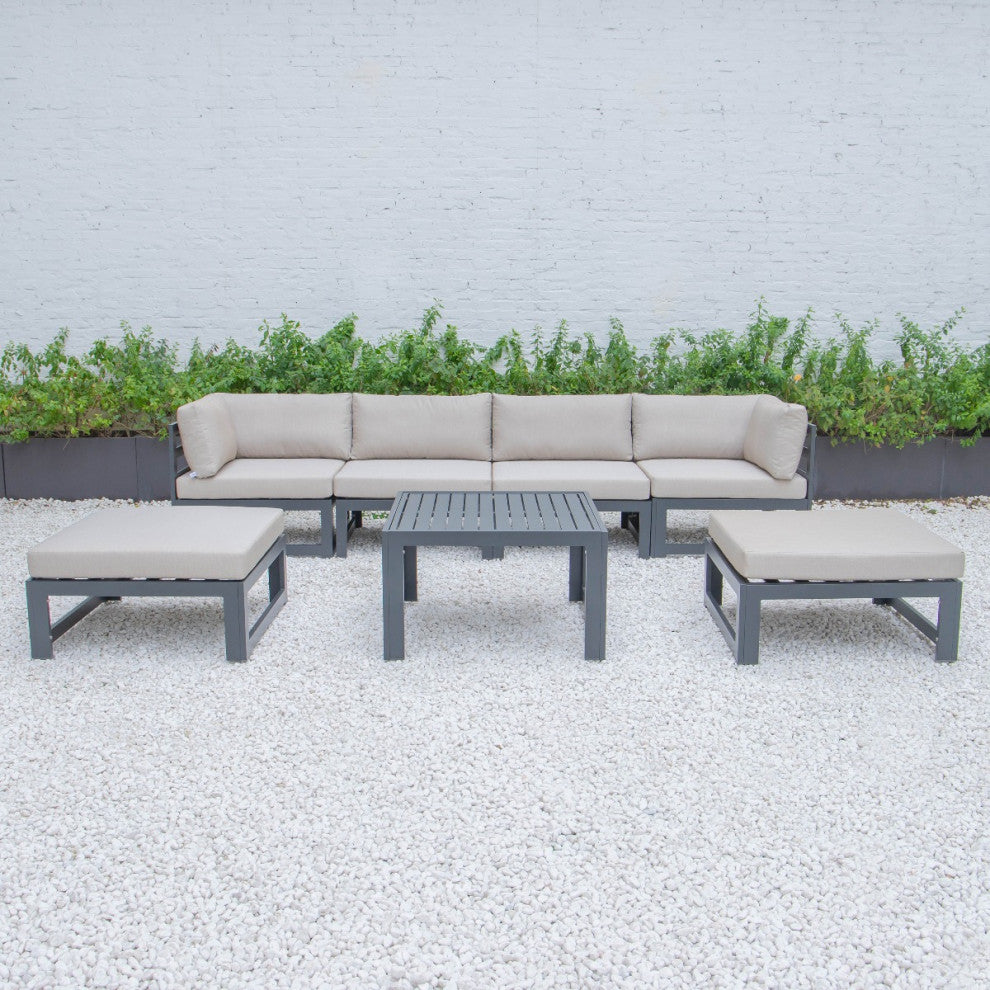 LeisureMod Chelsea 7-Piece Patio Ottoman Sectional With Coffee Table, Beige
