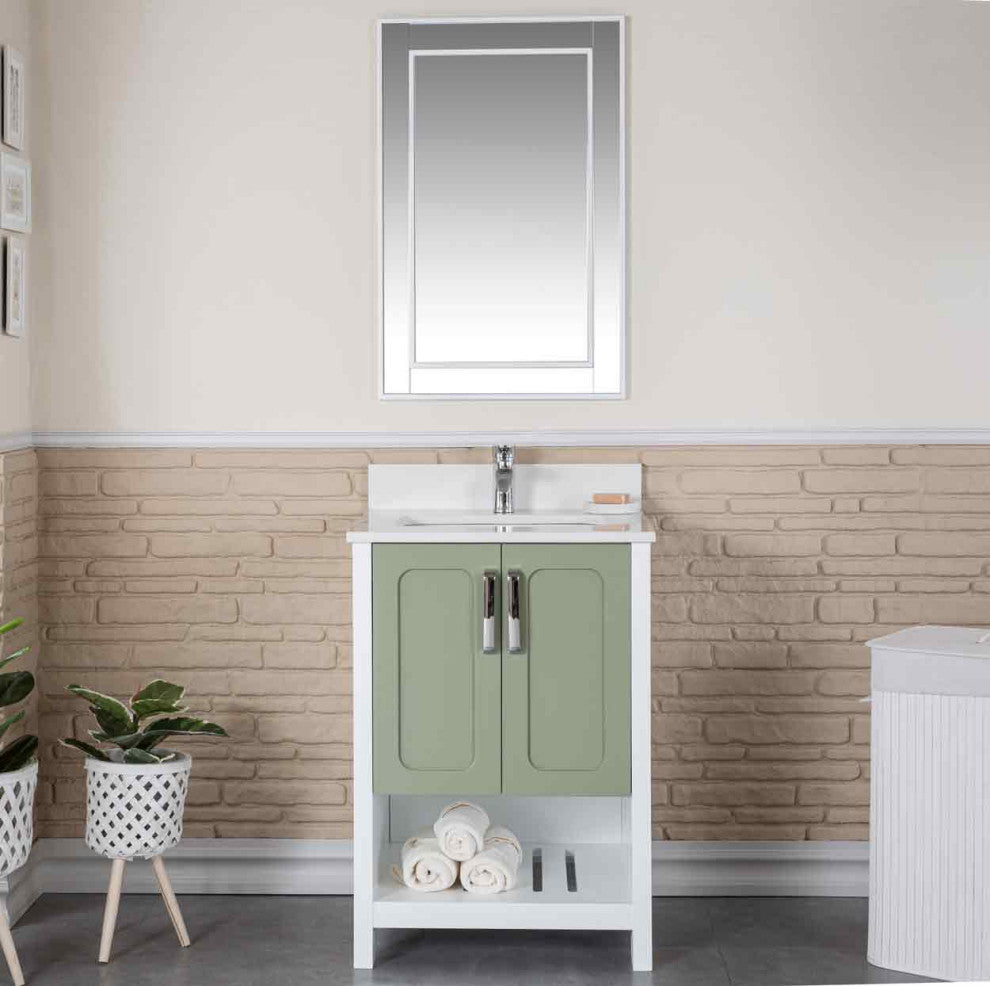 Florin Collection 24" Bathroom Vanity With Sink, Mirror, Countertop, Green
