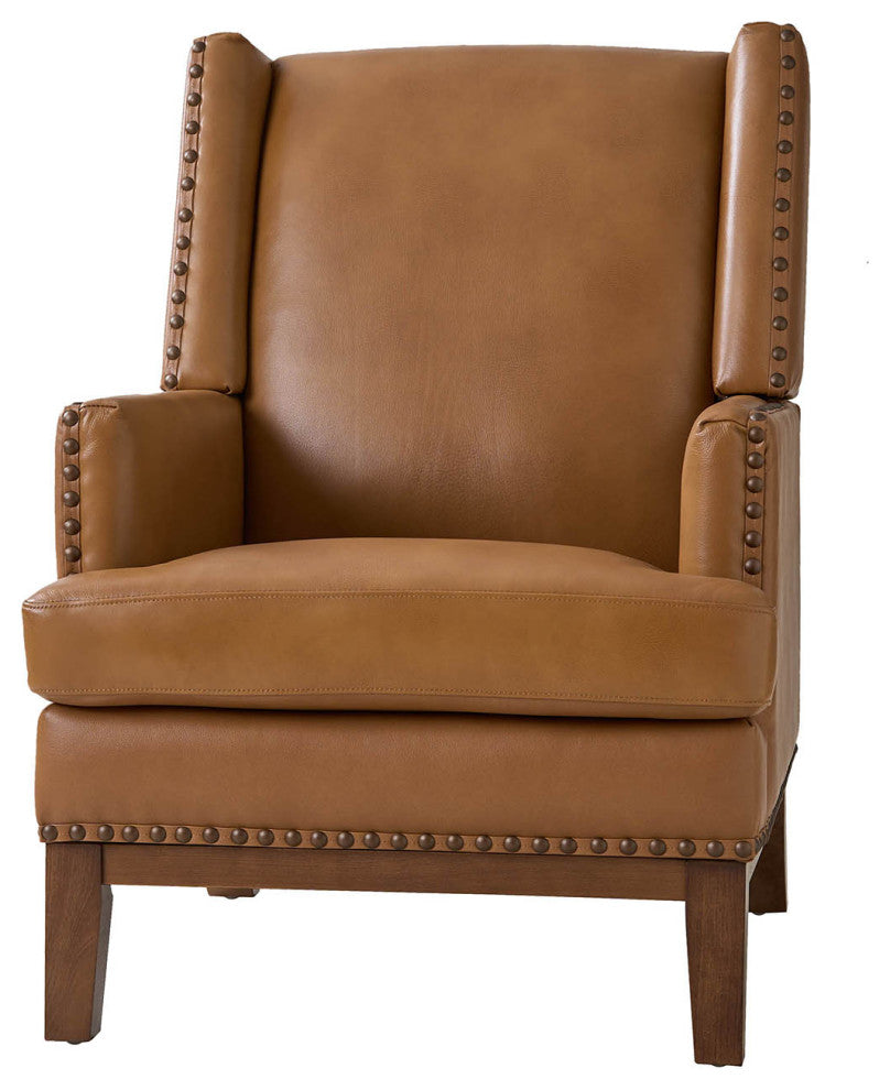 30"W Mid-Century Style Genuine Leather Armchair With Solid Wood Frame, Camel