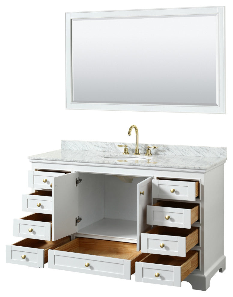 60" Single Bath Vanity, White, Carrara Countertop, Sink, Gold Trim, 58" Mirror