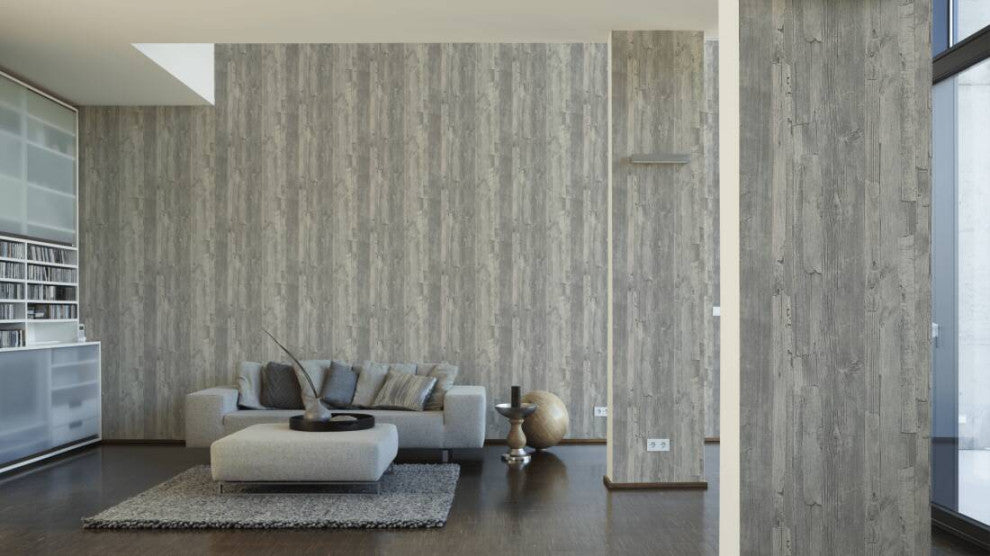 Faux Textured Wallpaper Wood, 954054, Gray Brown Beige, Sample