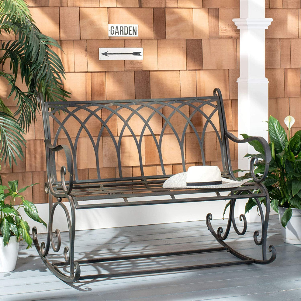 Outdoor Rocking Bench, Metal Construction and Scrollwork in Black Rust Finish