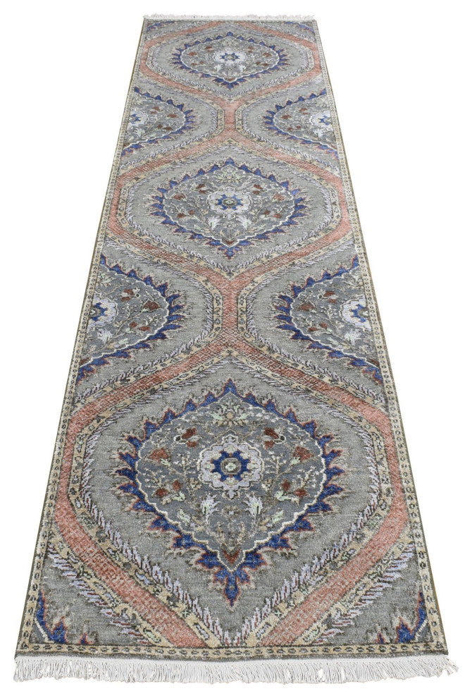 Storm Gray Mughal Design Silk With Wool Hand Knotted Runner Rug 2'6"x10'