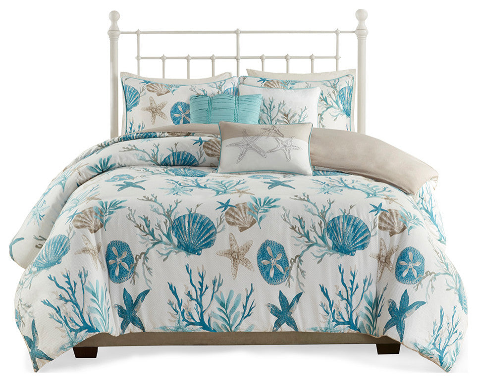 Madison Park Pebble Beach 6 Piece Cotton Sateen Duvet Cover Set, Aqua