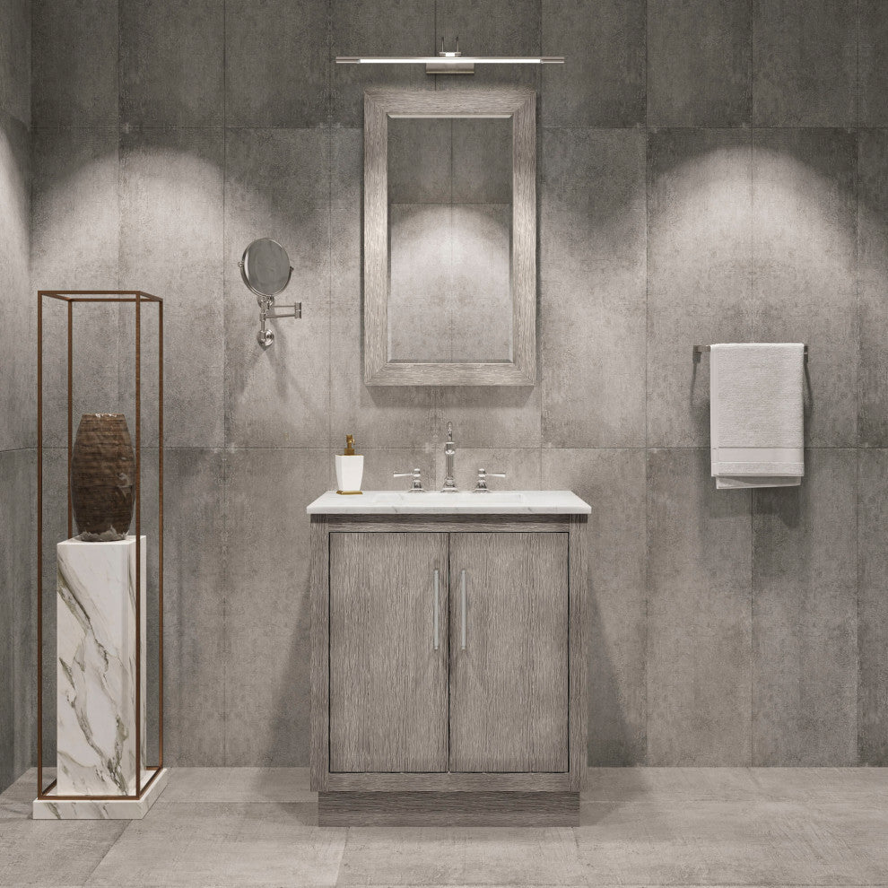 Hugo 30 Single Sink White Marble Countertop Vanity, Gray Oak With Hook Faucet