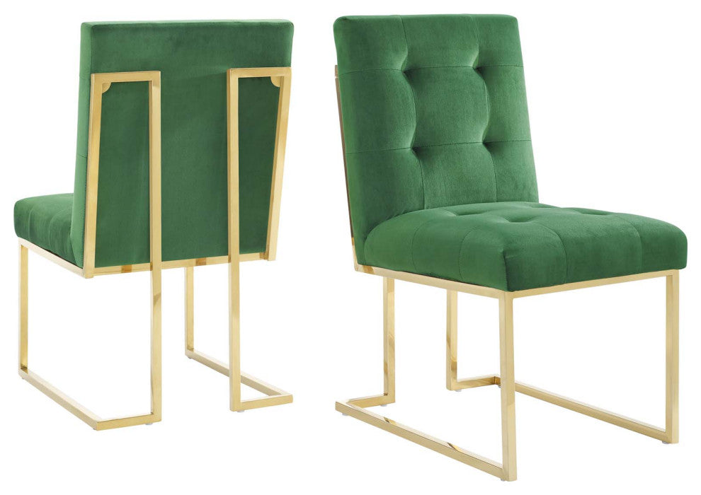 Side Dining Chair, Set of 2, Velvet, Metal, Gold Green, Cafe Bistro Restaurant