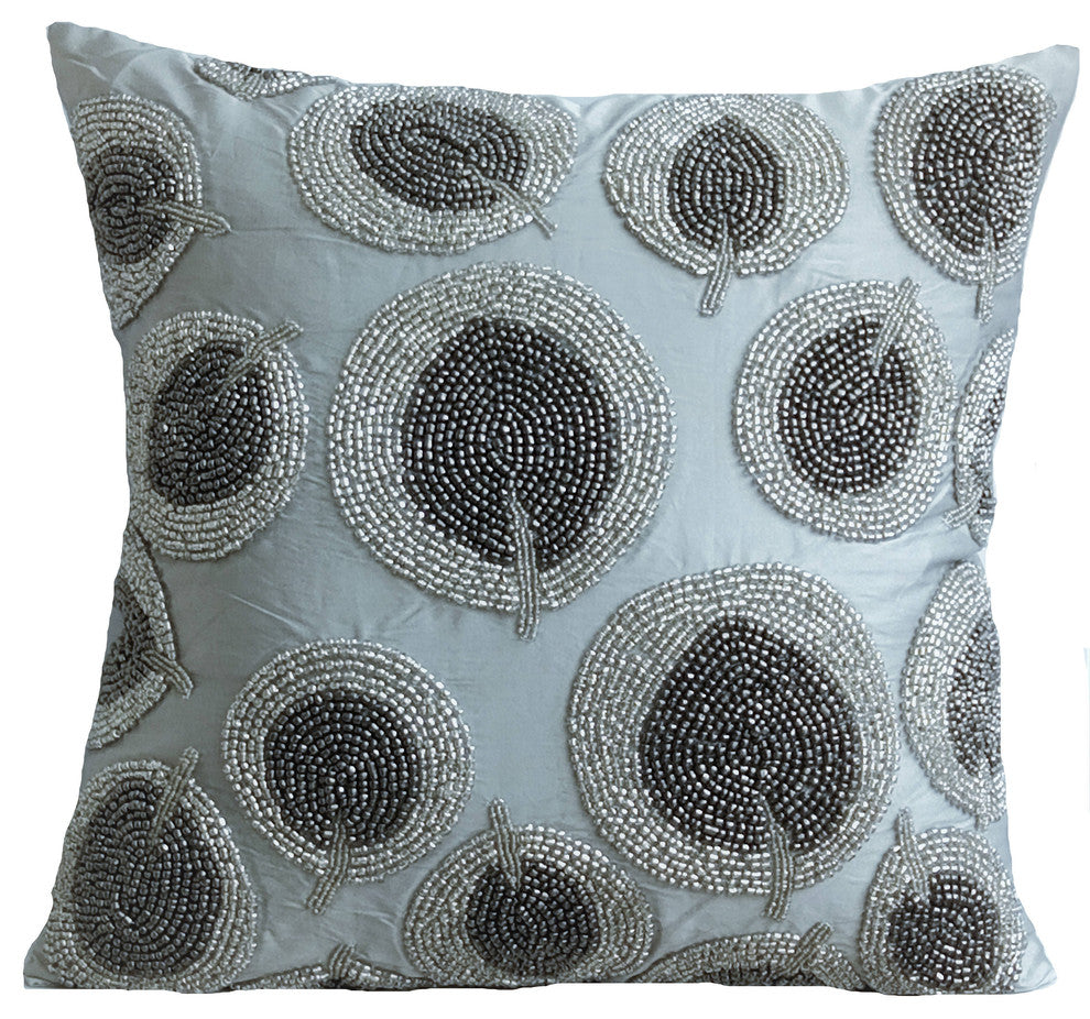 Silver Single Cushion Sofa Trees 20"x20" Art Silk Beaded, Silver Round Leaves