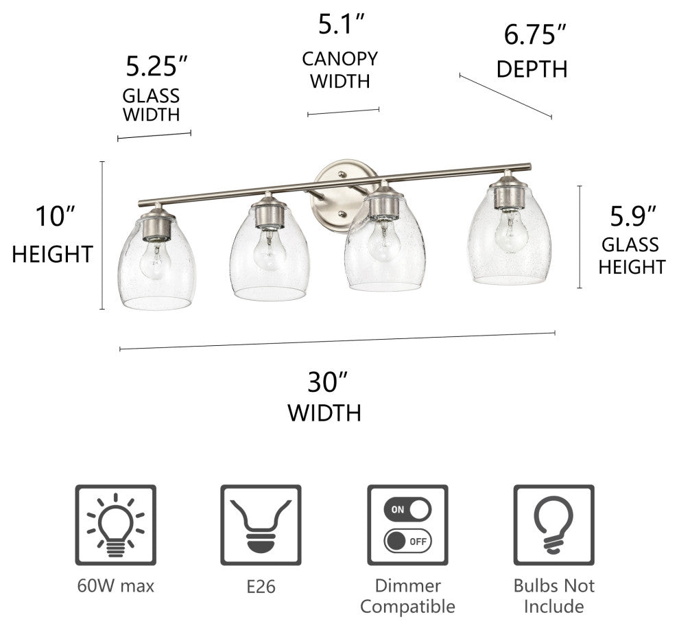 30 in. 4-Light Brushed Nickel Vanity Light With Bell-shaped Seedy Glass Shades