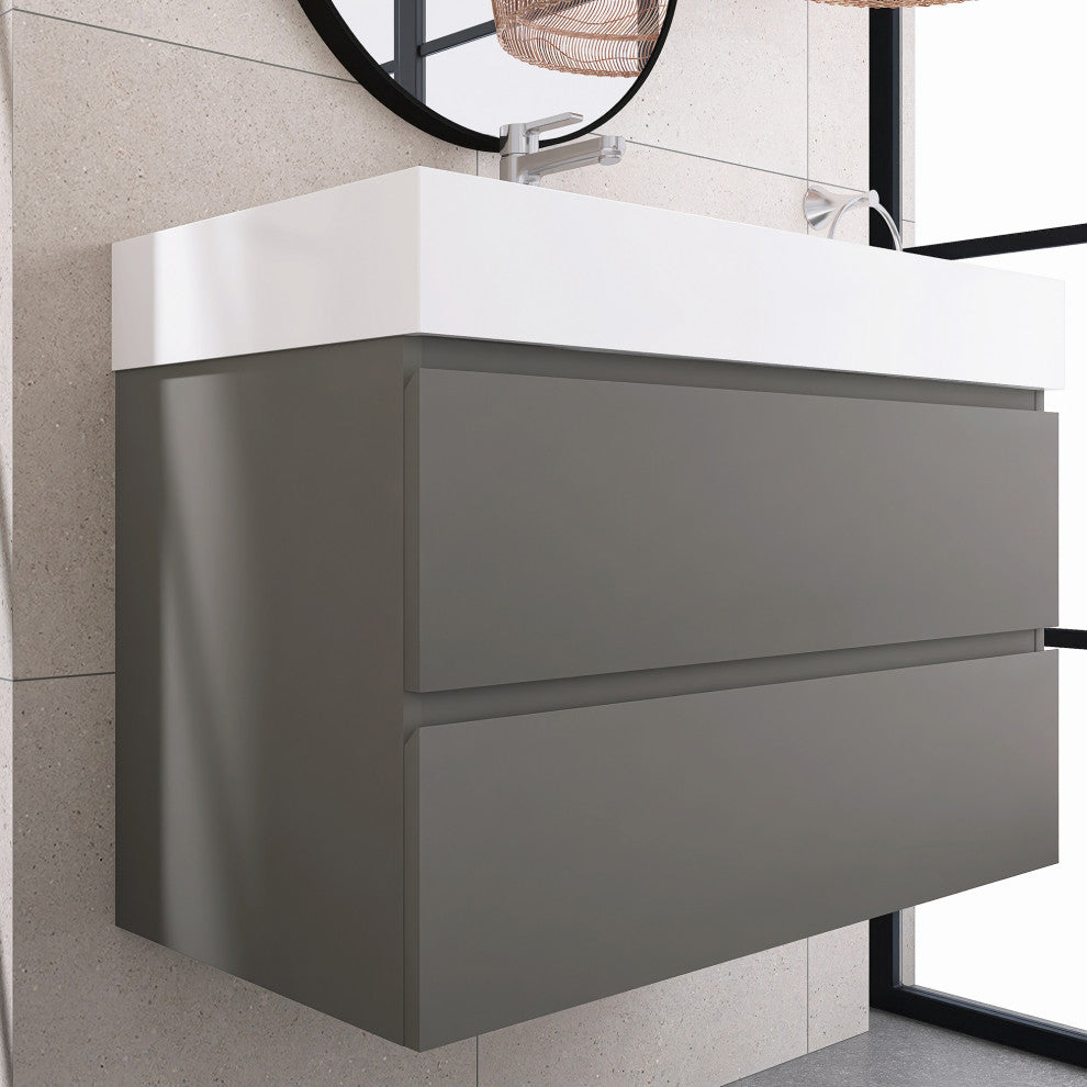 Wood Wall-Mounted Bathroom Vanity Set with Integrated Resin Sink, Grey, 36"