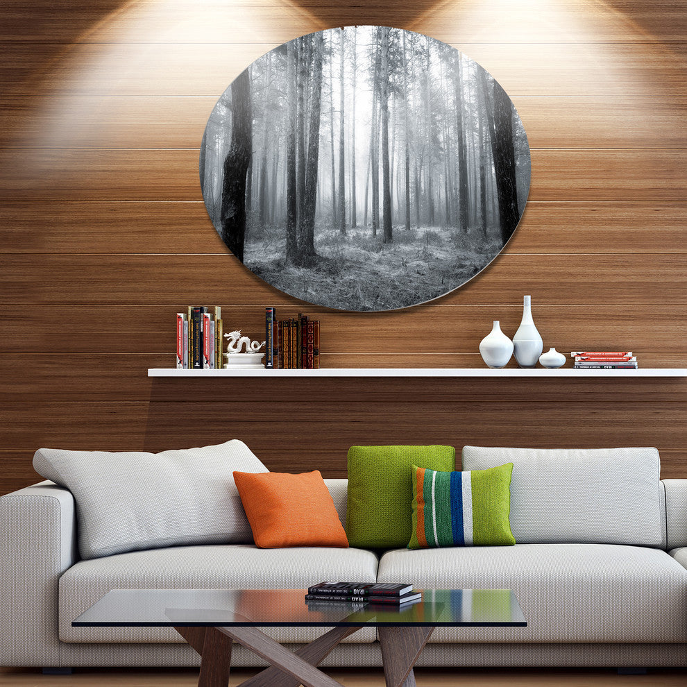 Black And White Foggy Forest, Forest Disc Metal Wall Art, 11"
