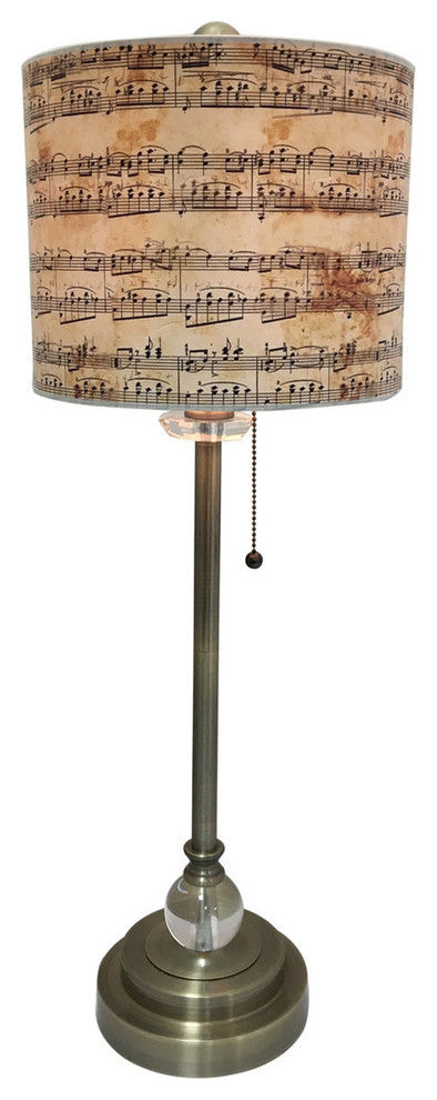 28" Crystal Buffet Lamp With Musical Notes Design Shade, Antique Brass, Single