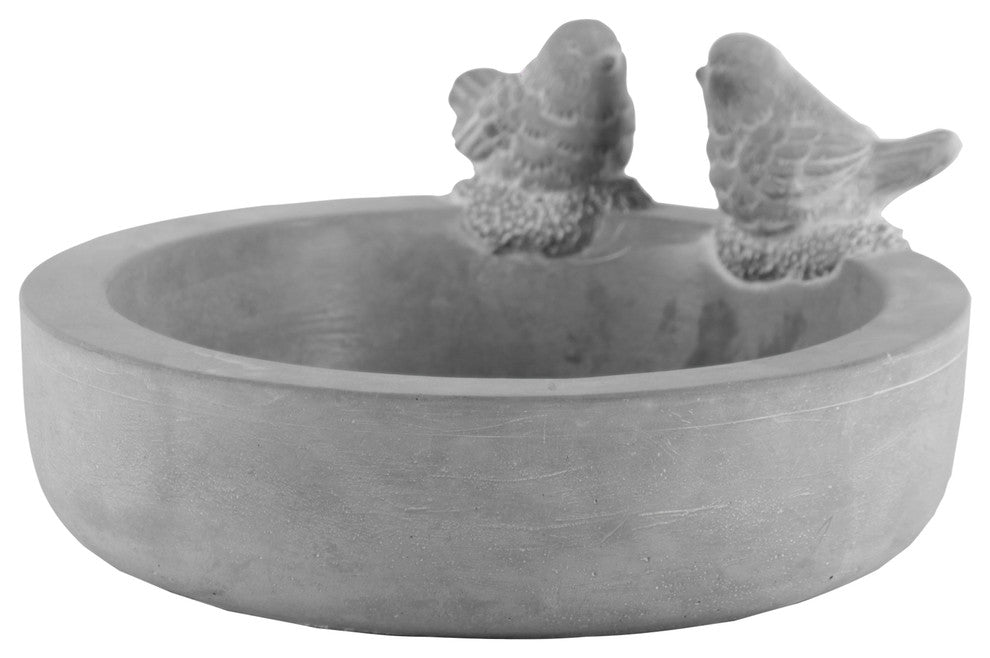Bowl With Bird Figurine and Engraved Floral Design, Washed Concrete Finish Gray