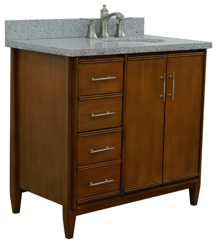 37" Single Vanity, Walnut Finish With Gray Granite