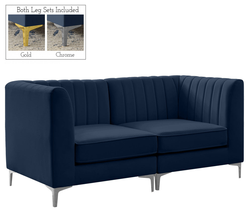 Alina Velvet Upholstered 2-Piece Modular Sofa, Navy