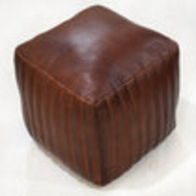 Poufs-Solid Handmade Goat Leather Pouf, Recycled Cotton Fill, Brown, 18x18x18  Square