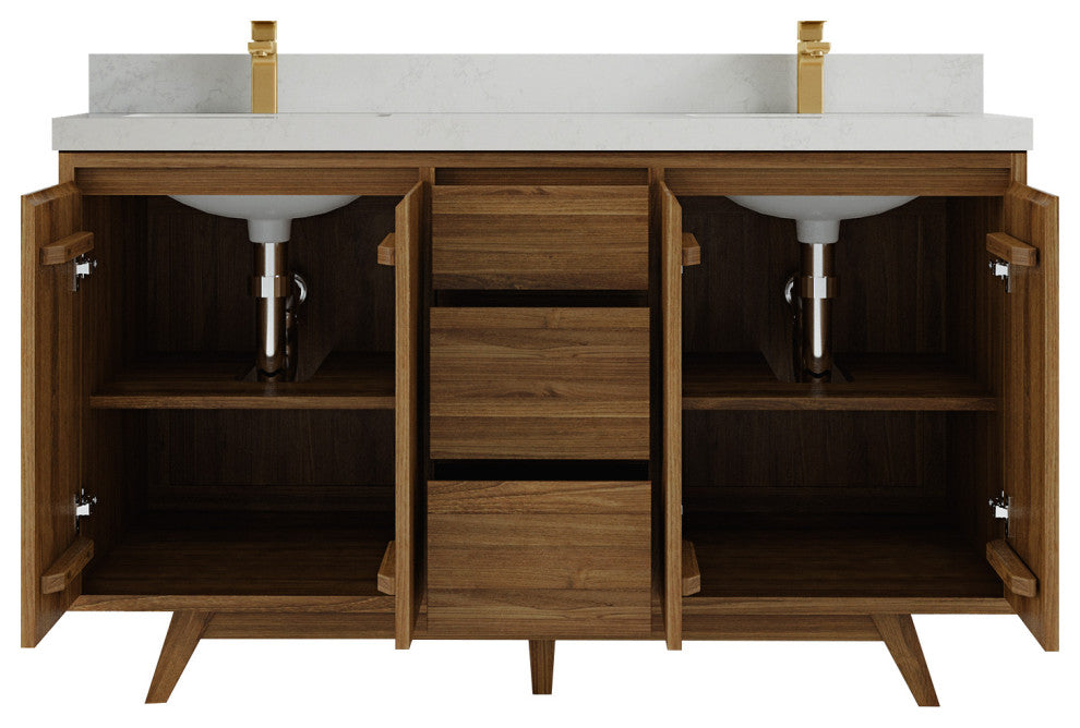 Madison Teak 60 Double Bathroom Vanity in Dark Natural 2" Carrara Quartz