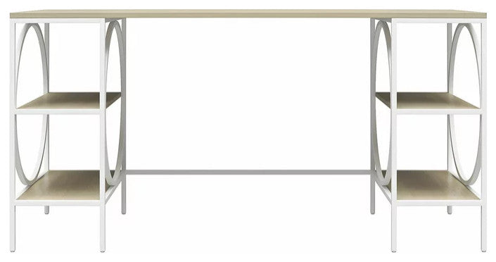 Contemporary Desk, Large Top & Open Shelves With Circular Accents, Pale Oak
