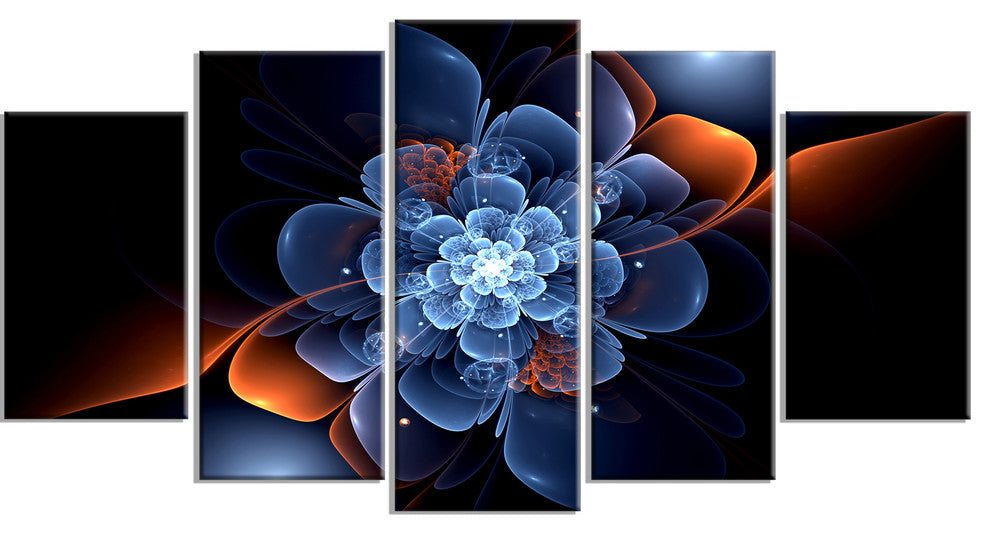 Fractal Flower with Orange Flame, Floral Canvas Art Print, 60"x32", 5 Panels