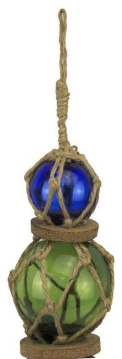 Blue, Green, Blue Japanese Glass Ball Fishing Floats with Brown Netting Decor