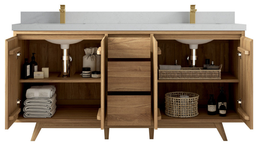 Madison Teak 72 Double Sink Bath Vanity in Light Natural 2" Carrara Quartz