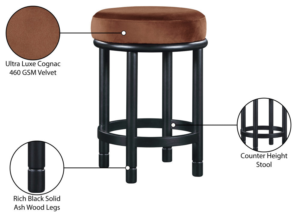 Monette Upholstered Bar and Counter Stool, Cognac, Velvet, Black Finish