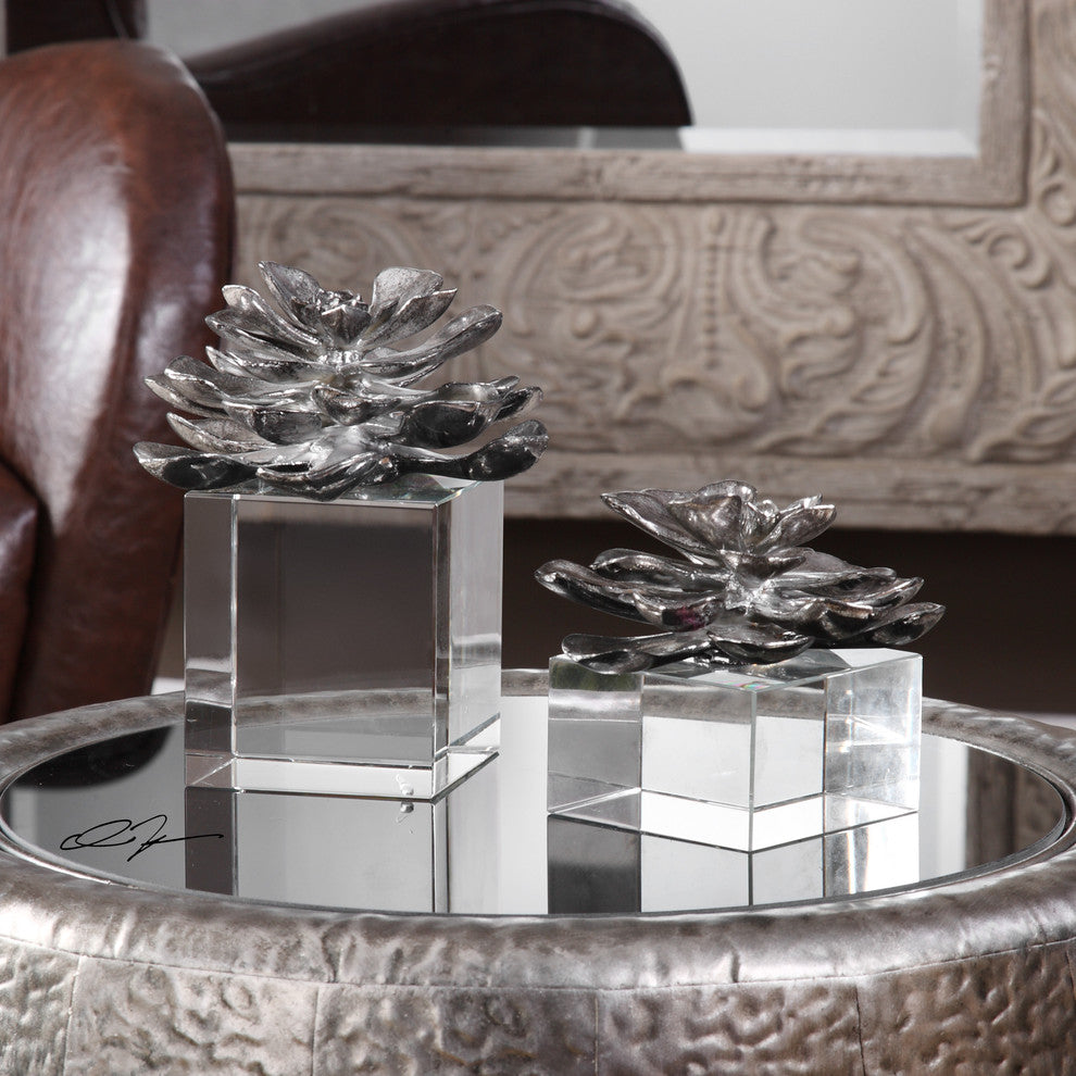 Indian Lotus Metallic Silver Flowers, 2-Piece Set