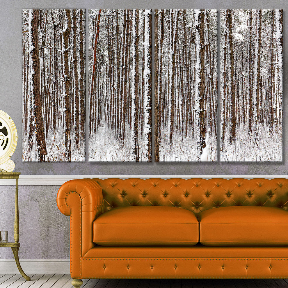 Dense Pine Forest in Winter, Landscape Canvas Art Print, 48"x28", 4 Panels