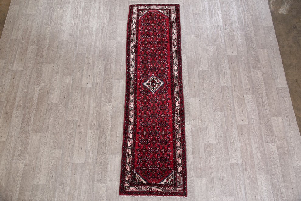 Consigned, Hamedan Persian Hand Made Wool Oriental Runner Rug, Red, 9'1"X2'6"