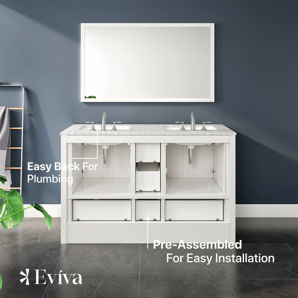 Eviva Booster 60 in. Double Sink Vanity in White White Carrara Marble Countertop