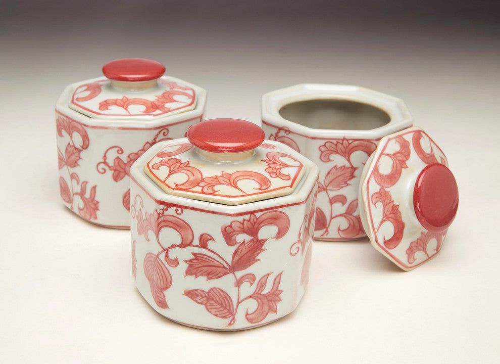 Red and White Octagon Jars, Set/3