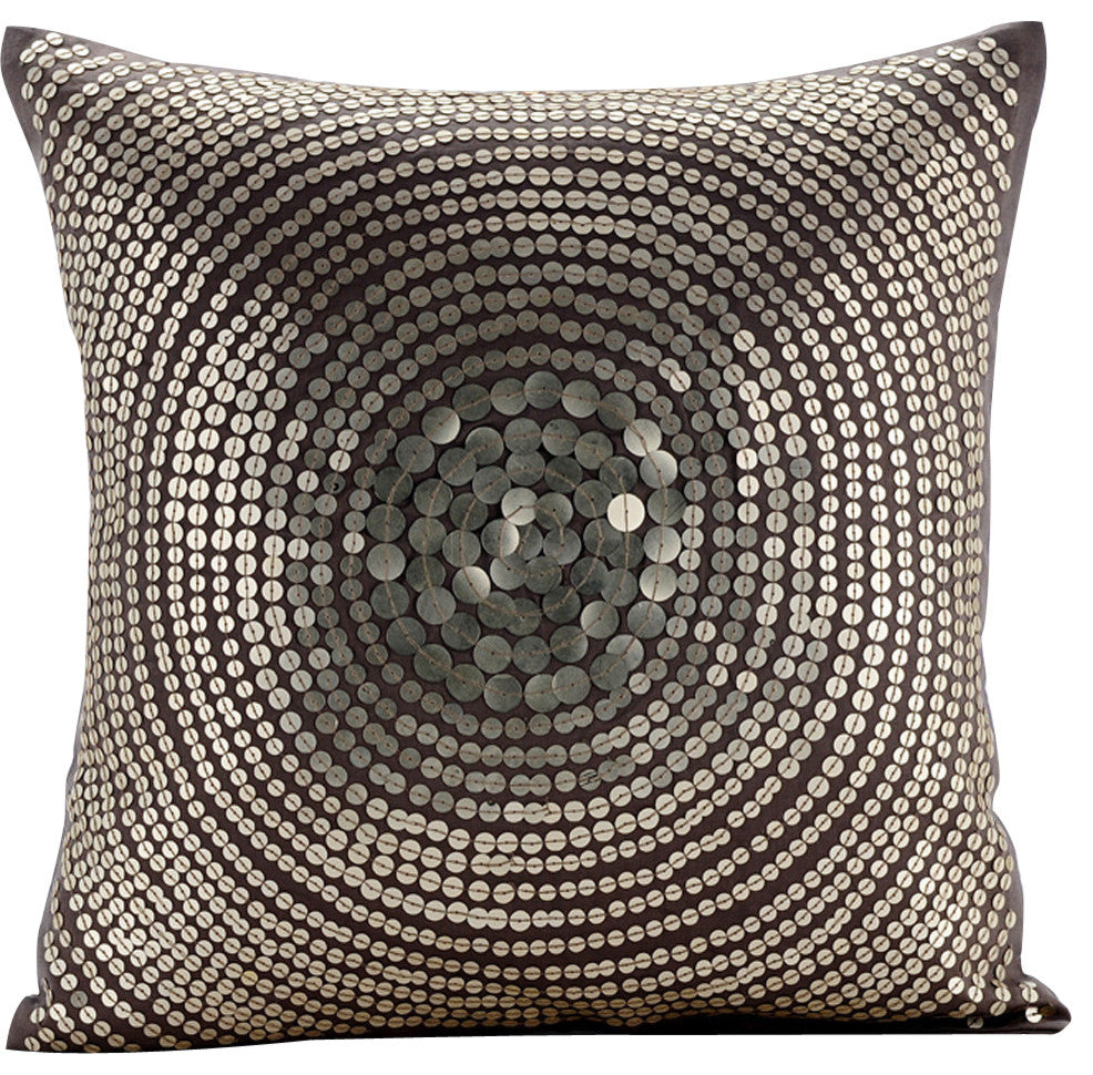 Art Silk Decorative Pillows Taupe Grey 20"x20" Dotted Sequins, Silver Pop
