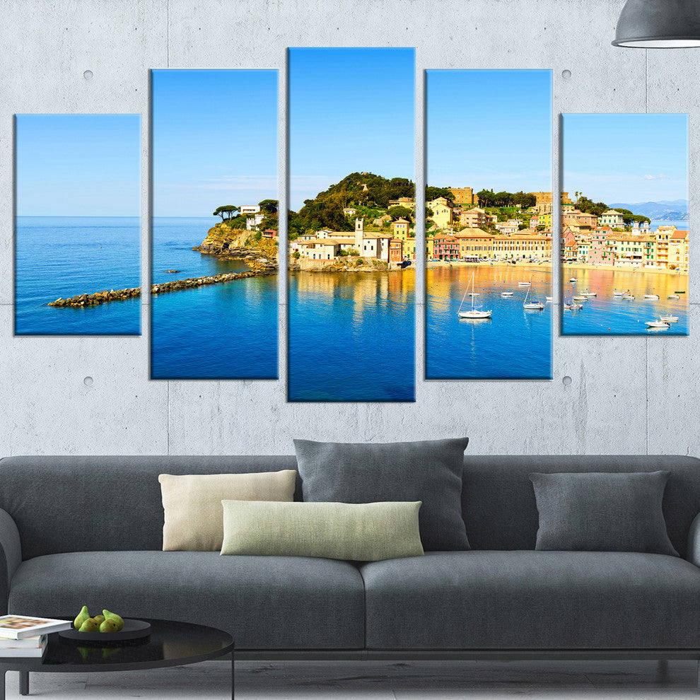 "Sestri Levante Silence Bay Sea" Seashore Wall Art, 5 Panels, 60"x32"