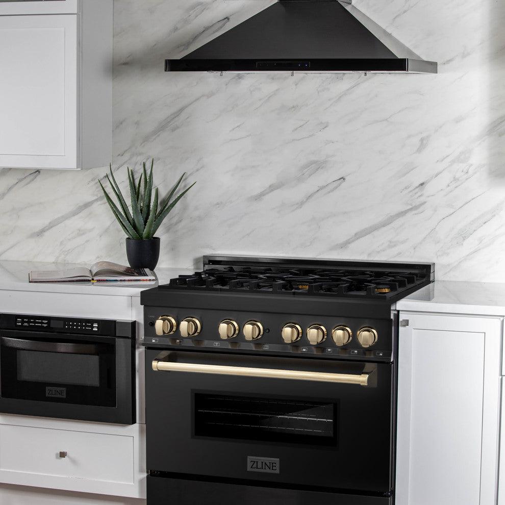 ZLINE 36" Dual Fuel Range, Black Stainless Steel With Gold Accents RABZ-36-G