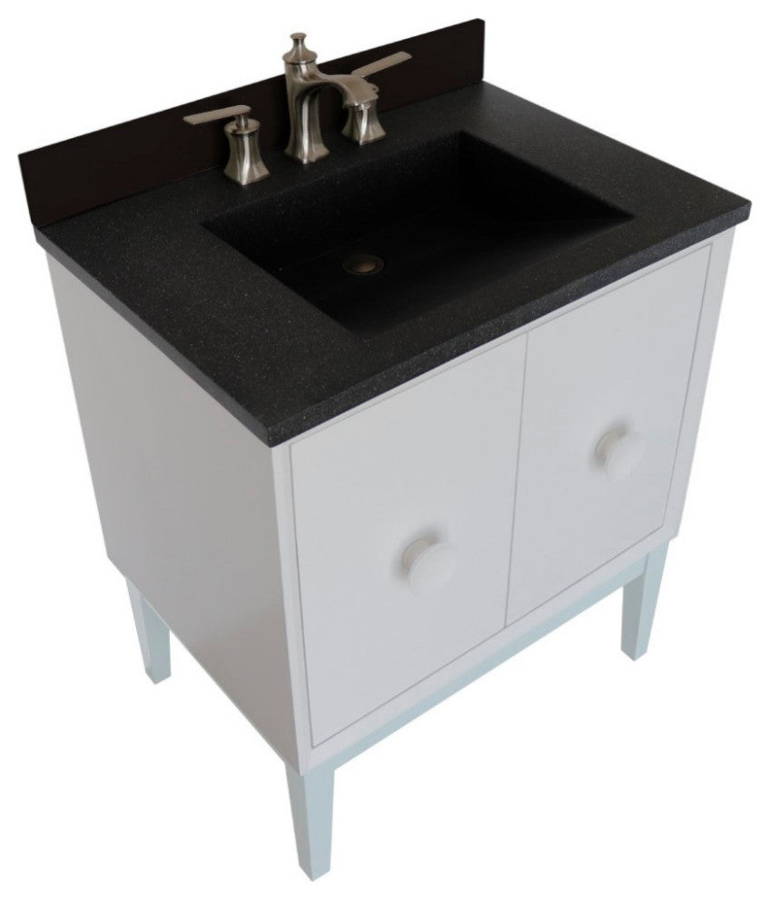 31" Single Vanity, White Finish With Black Concrete Top And Rectangle Sink
