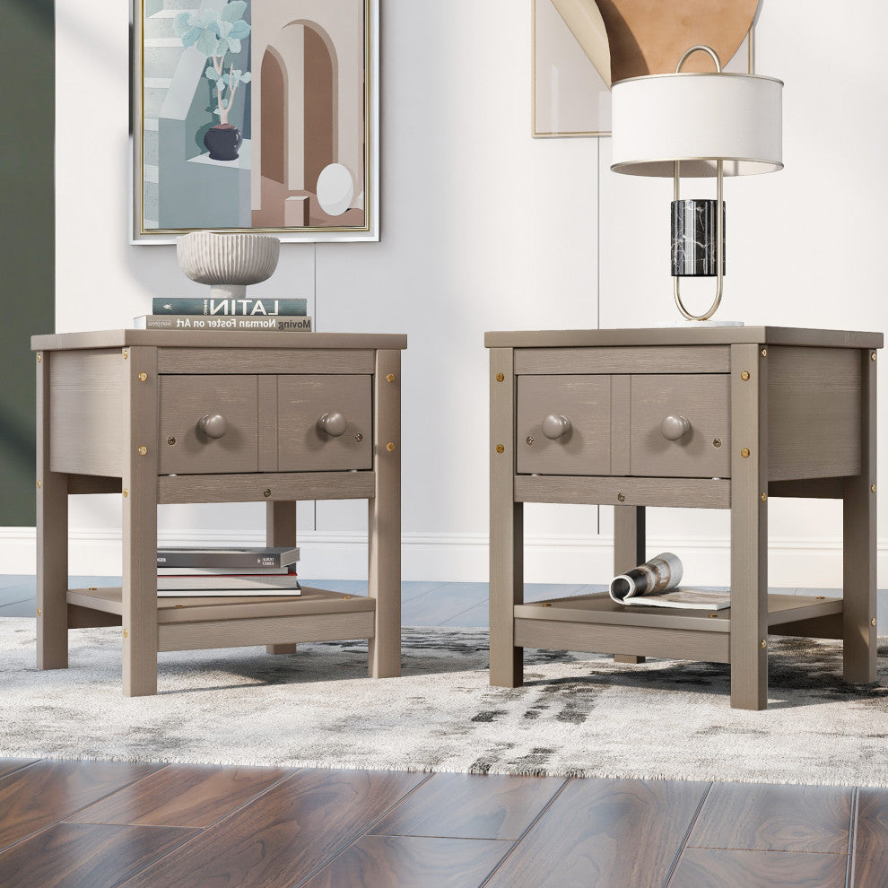 1-Drawer Wood Nightstand with Open Shelf (Set of 2) , Light Brown, 19'' X 16''