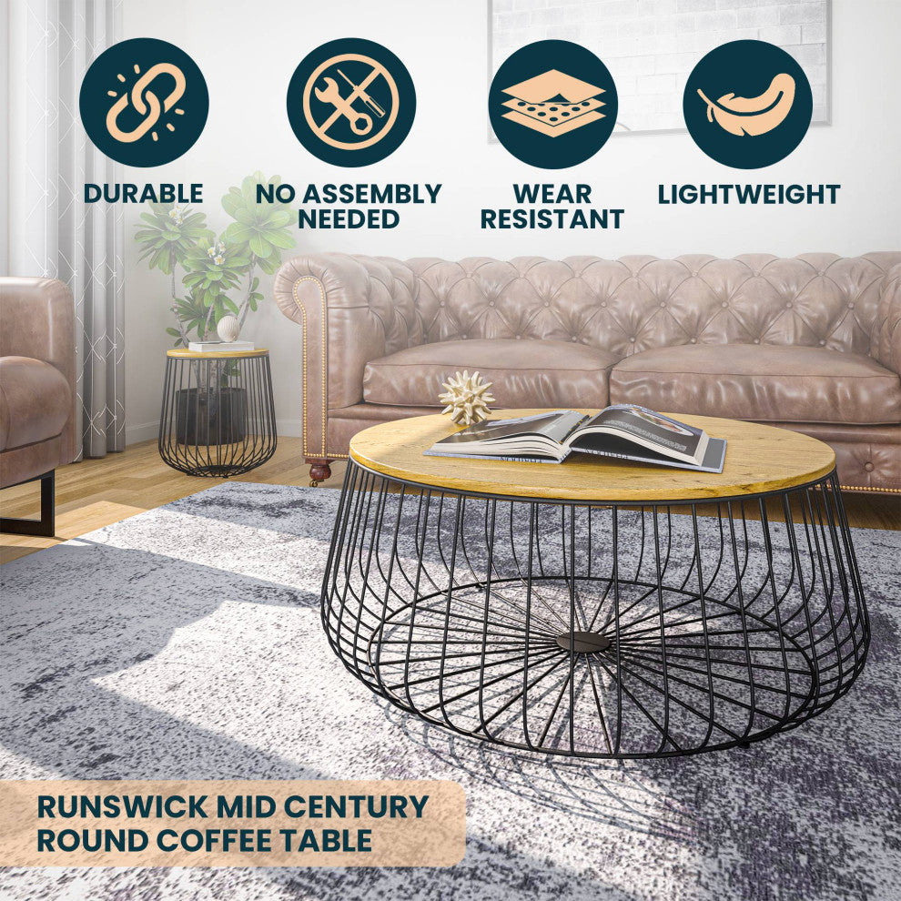 LeisureMod Runswick Round Coffee Table With Black Wire Steel Frame, Natural Wood