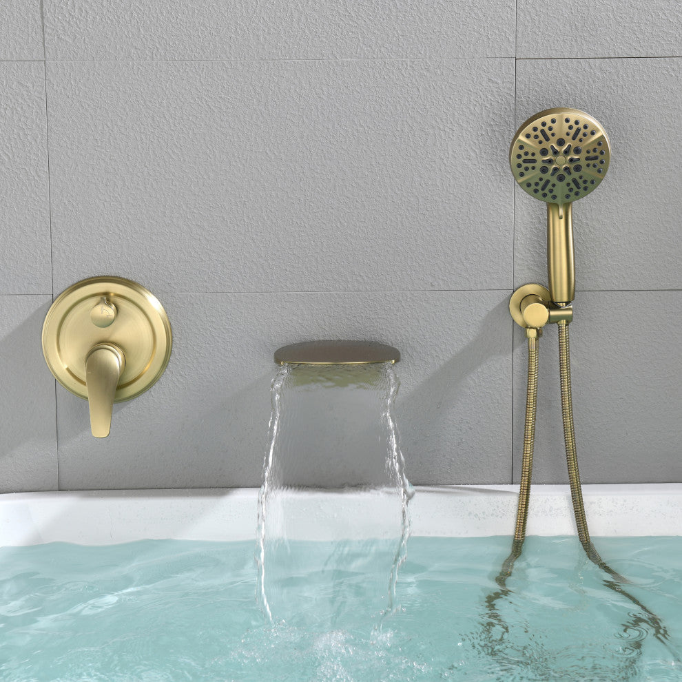 Single Handle Wall Mounted Waterfall Faucet With Handshower, Brushed Gold
