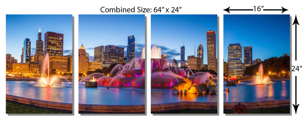 Chicago Buckingham Fountain, 4 Panel Split, Metal Print Wall Art, HD, 64x24