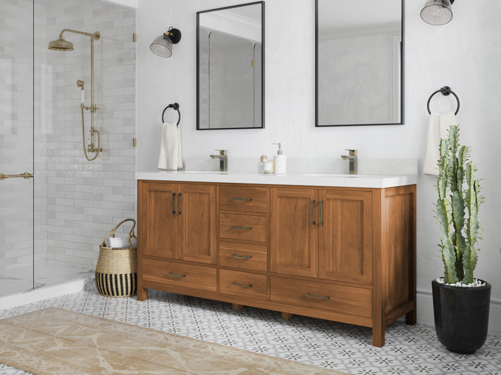 Malibu Teak 72 Double Sink Bath Vanity in Golden Teak 2" Carrara Marble