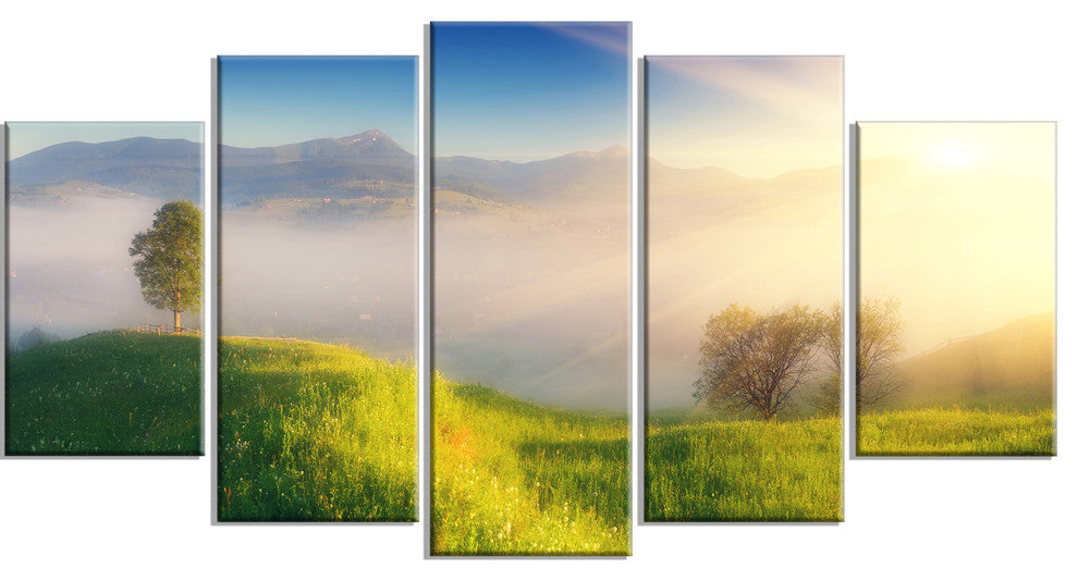 Morning Mist over Mountain Village, Landscape Canvas Print, 60"x32", 5 Panels