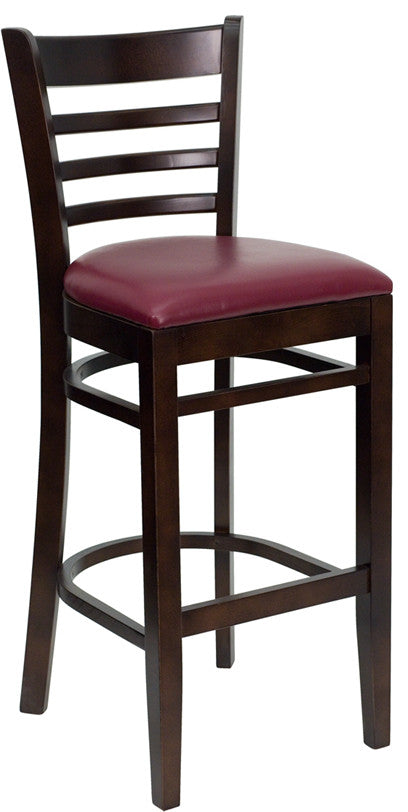Ladder Back Walnut Wood Restaurant Barstool, Burgundy Vinyl Seat