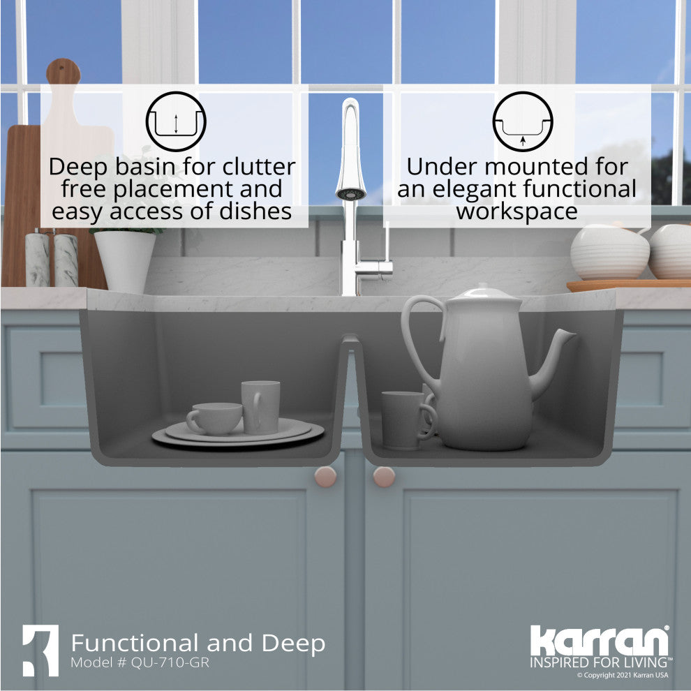 Karran Undermount Quartz 32" 50/50 Double Bowl Kitchen Sink Kit, Grey
