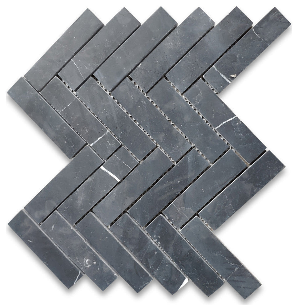 Nero Marquina Black Marble 1x4 Herringbone Mosaic Tile Honed, 1 sheet