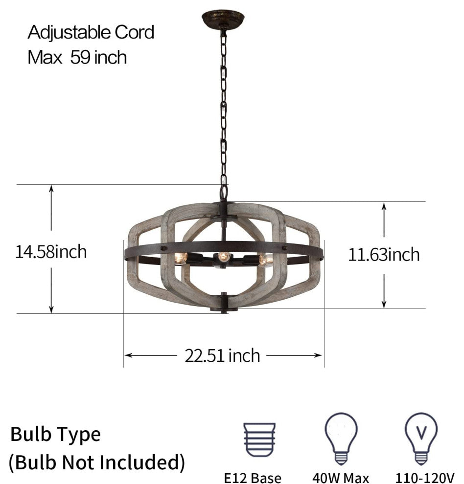 6 Light Wood Farmhouse Chandelier Rust Cage Vintage Pendant Hanging Light