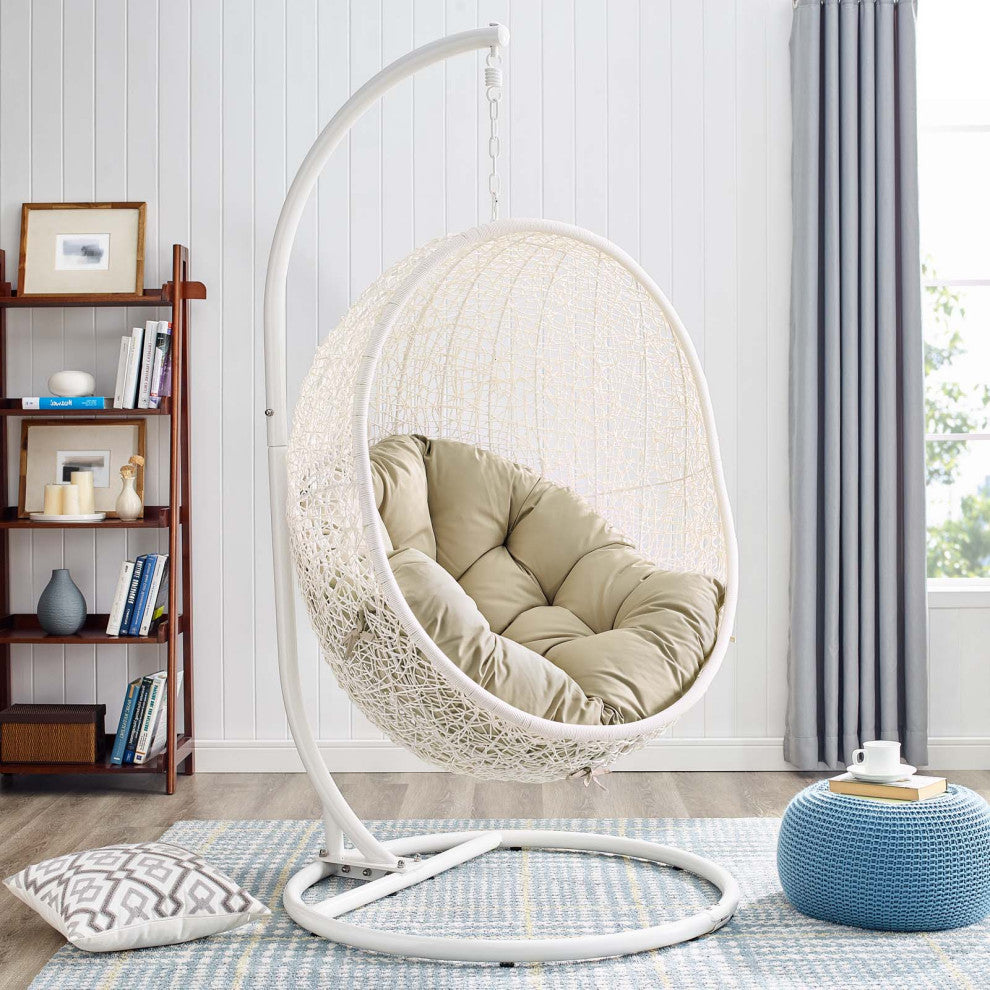 Swing Lounge Chair, Sunbrella, White Beige, Modern, Outdoor Patio Balcony Garden