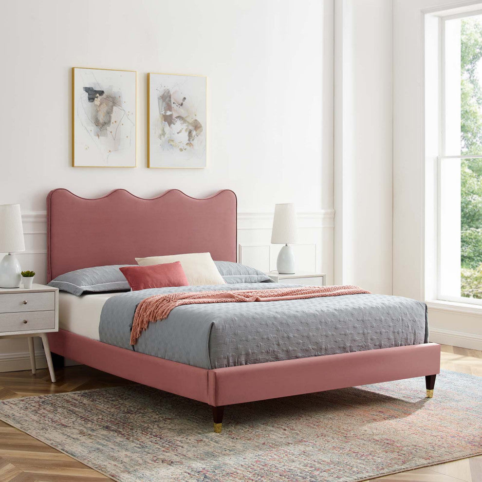 Platform Bed Frame, King Size, Pink, Velvet, Modern, Bedroom Master Guest Suite