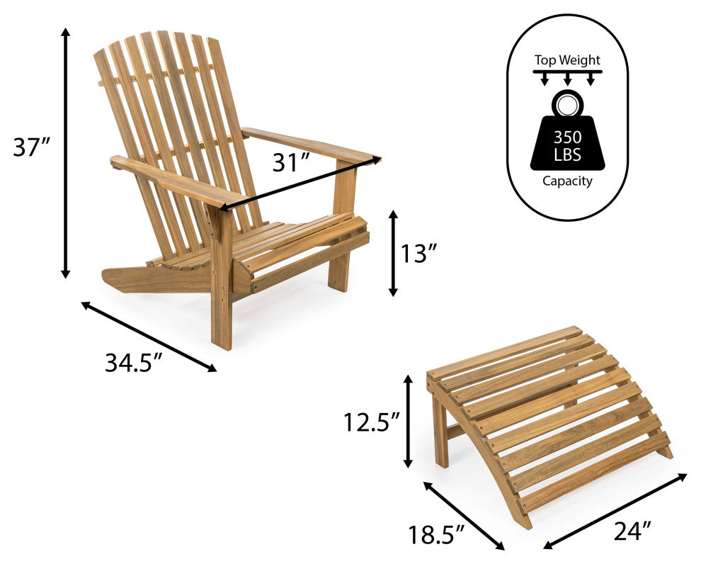 2-Piece Traditional Rustic Acacia Wood Adirondack Chair, Detachable Ottoman